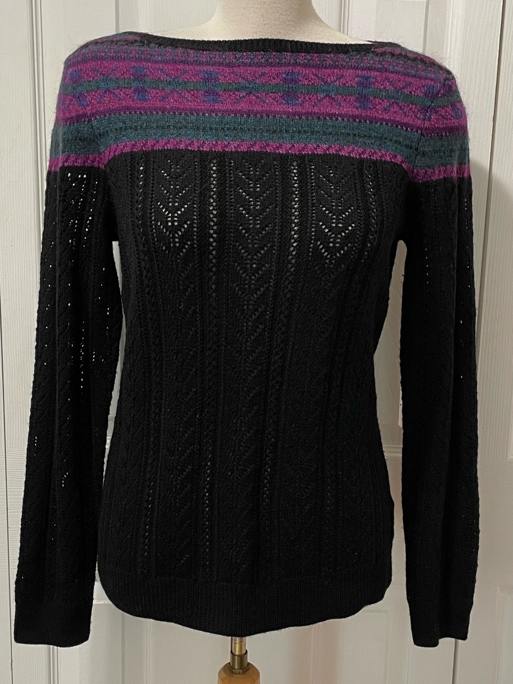 Lauren Ralph Lauren Black Crewneck Sweater with Purple and Teal Yoke